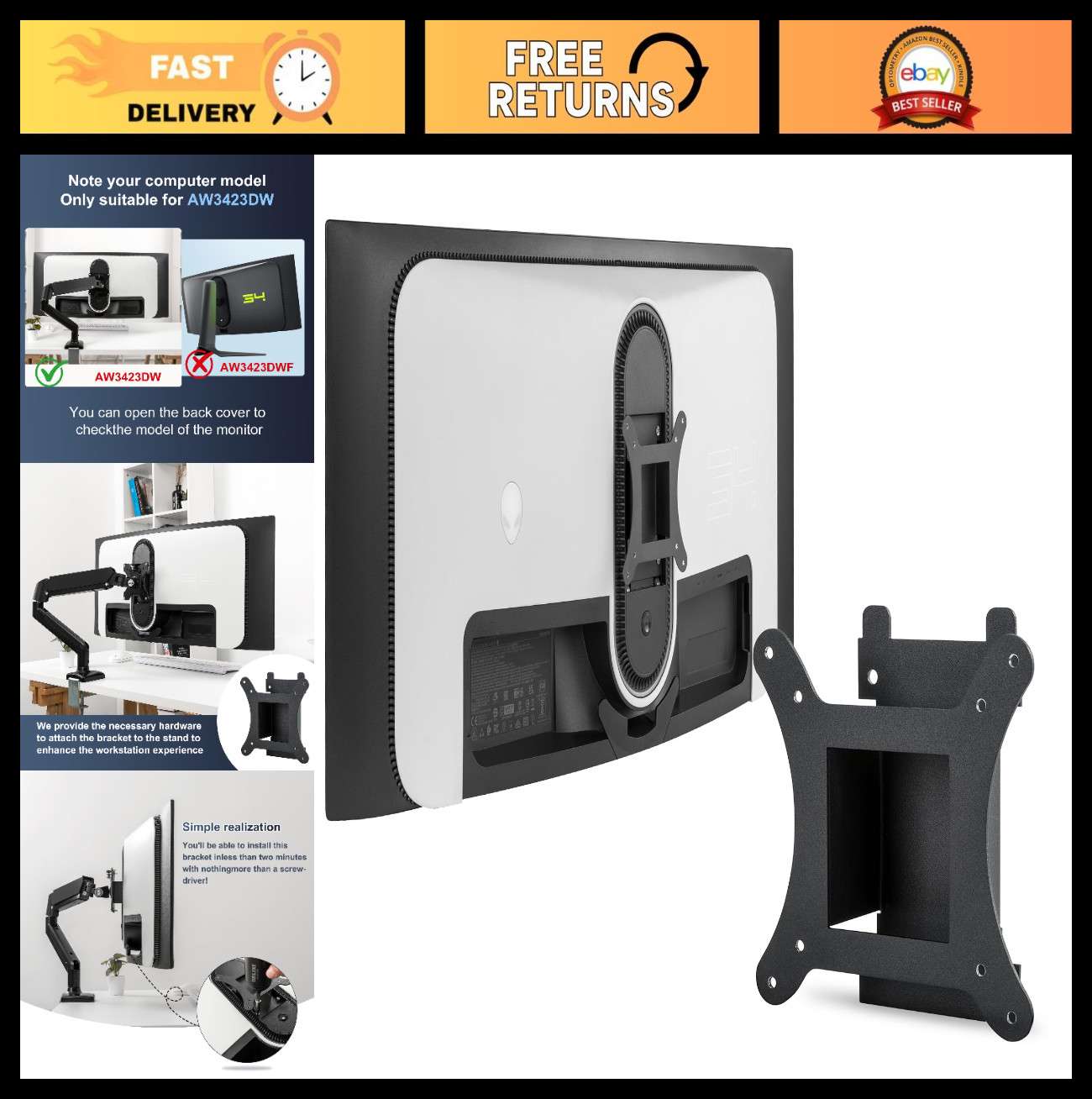 VESA Mount Adapter for 34" Curved QD-OLED Monitor - Fits AW3423DW & More