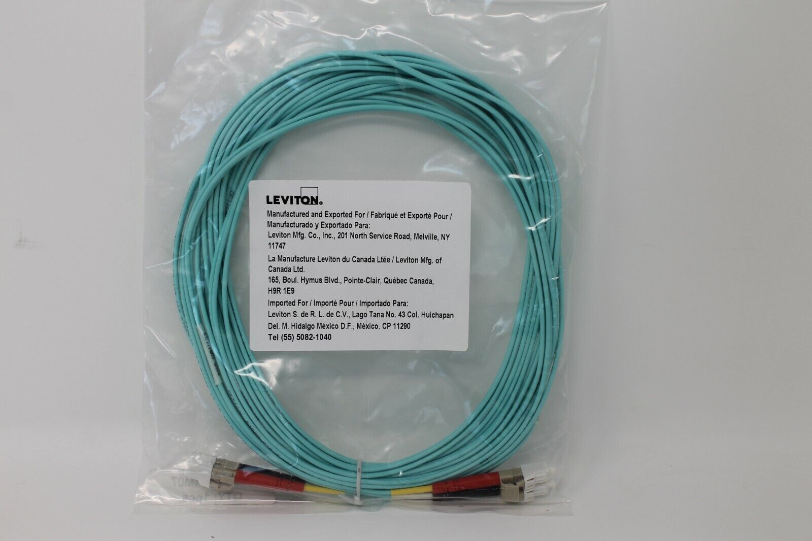 LEVITON LC-LC Duplex 50/125 OM3 Fiber Patch Cable OFNR Aqua Multimode 10G 7M