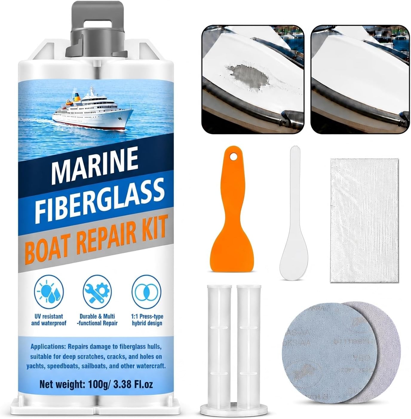 Marine Fiberglass Repair Kit for Boats, Gel Coat Repair Kit with Waterproof Epox
