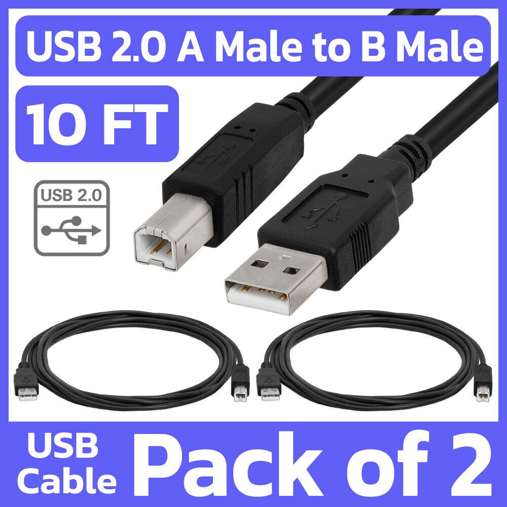 2 Pack Printer Cable 10ft USB 2.0 A Male to B Male Cord for HP Epson Canon Dell