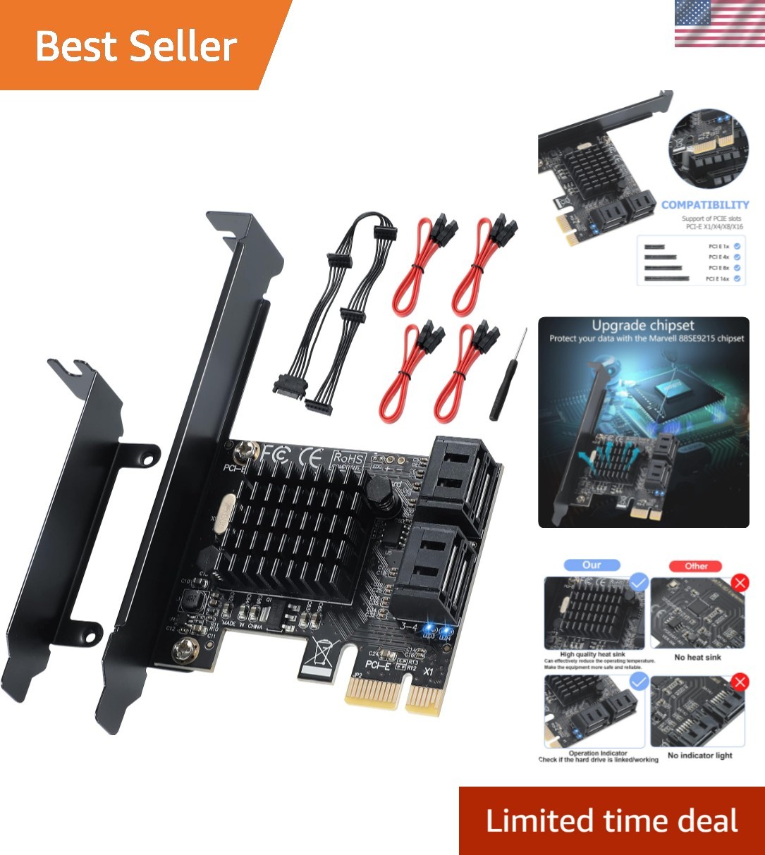 Plug and Play PCI-E SATA Controller Card with 4 Ports - Full Installation Pack