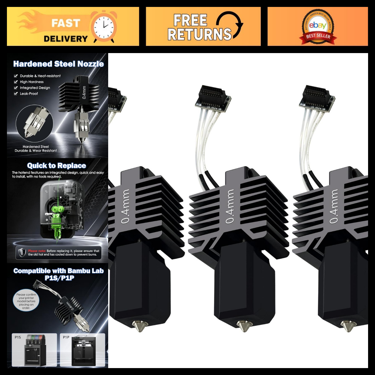 Upgraded 3 PCS Hotend Kit with 0.4MM Hardened Steel Nozzle for 3D Printers