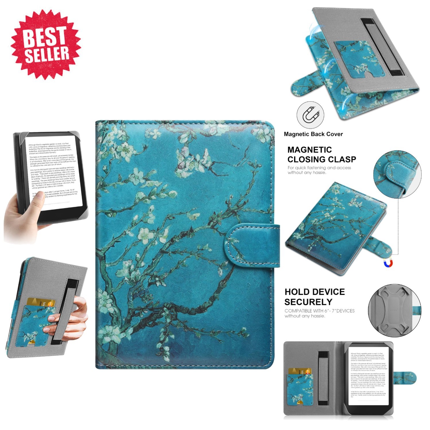 Universal 7 Inch eReader Case with Magnetic Snap Closure & Pocket