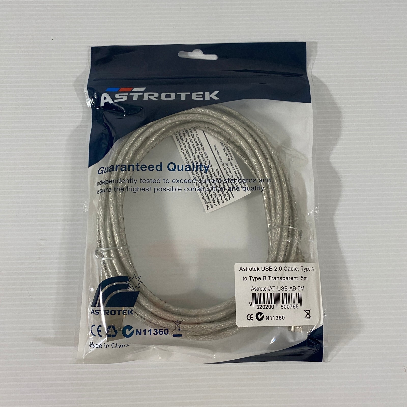 ASTROTEK USB 2.0 Printer Cable 5m - Type A Male to Type B Male Transparent