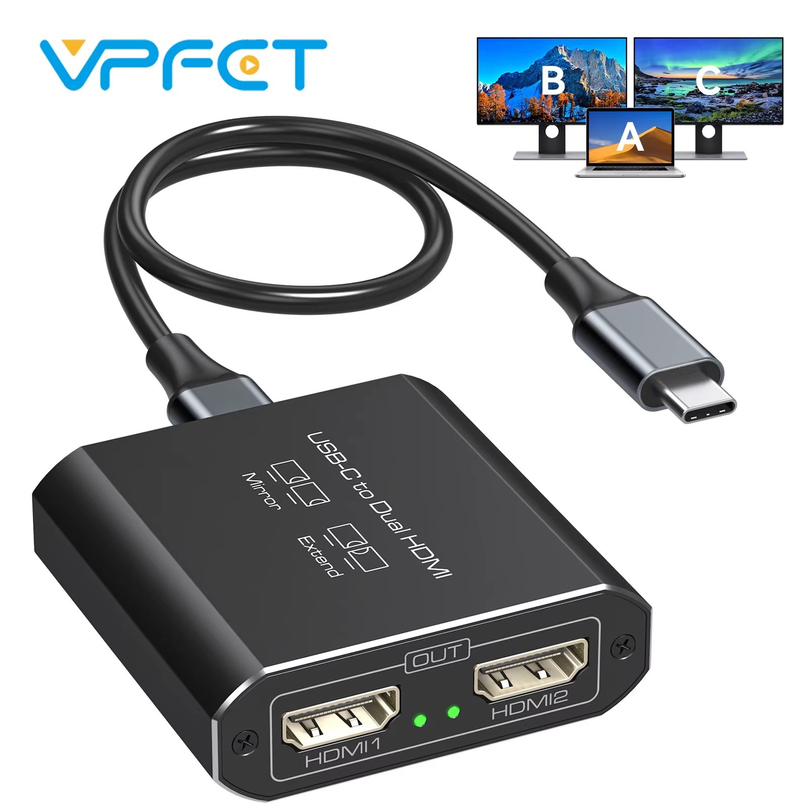 VPFCT USB C Thunderbolt 3 to Dual HDMI Splitter 4K@60Hz 1 in 2 Out Adapter