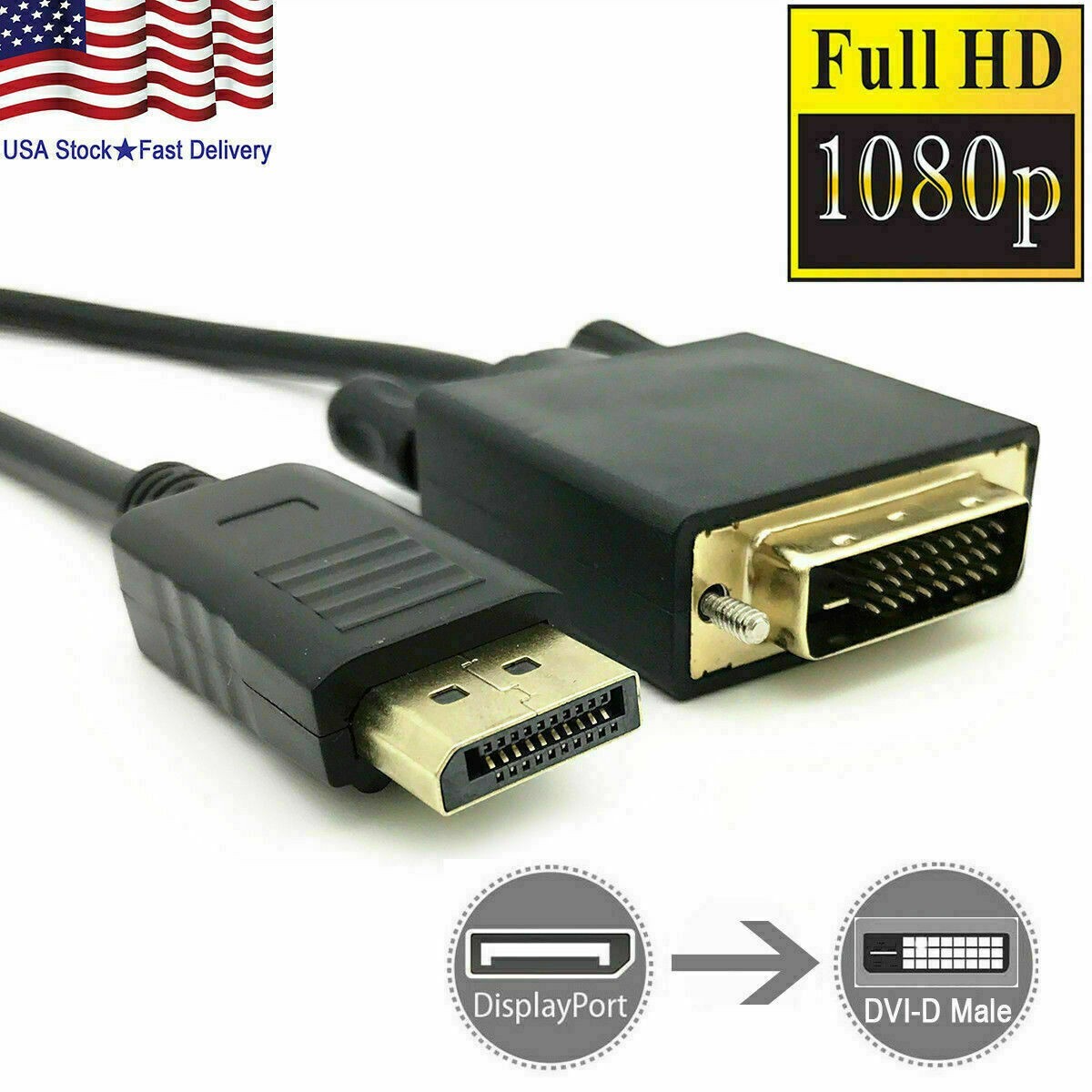 10 Feet Gold Plated DisplayPort DP to DVI-D Male Dual Link Cable Adapter 1080p