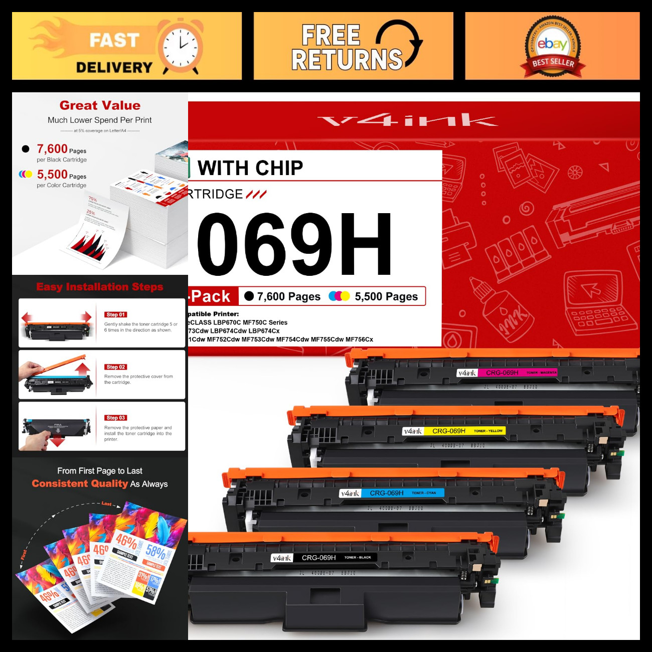 4 Pack Replacement Toner Cartridges for Canon 069H MF753Cdw MF751Cdw - High Yiel