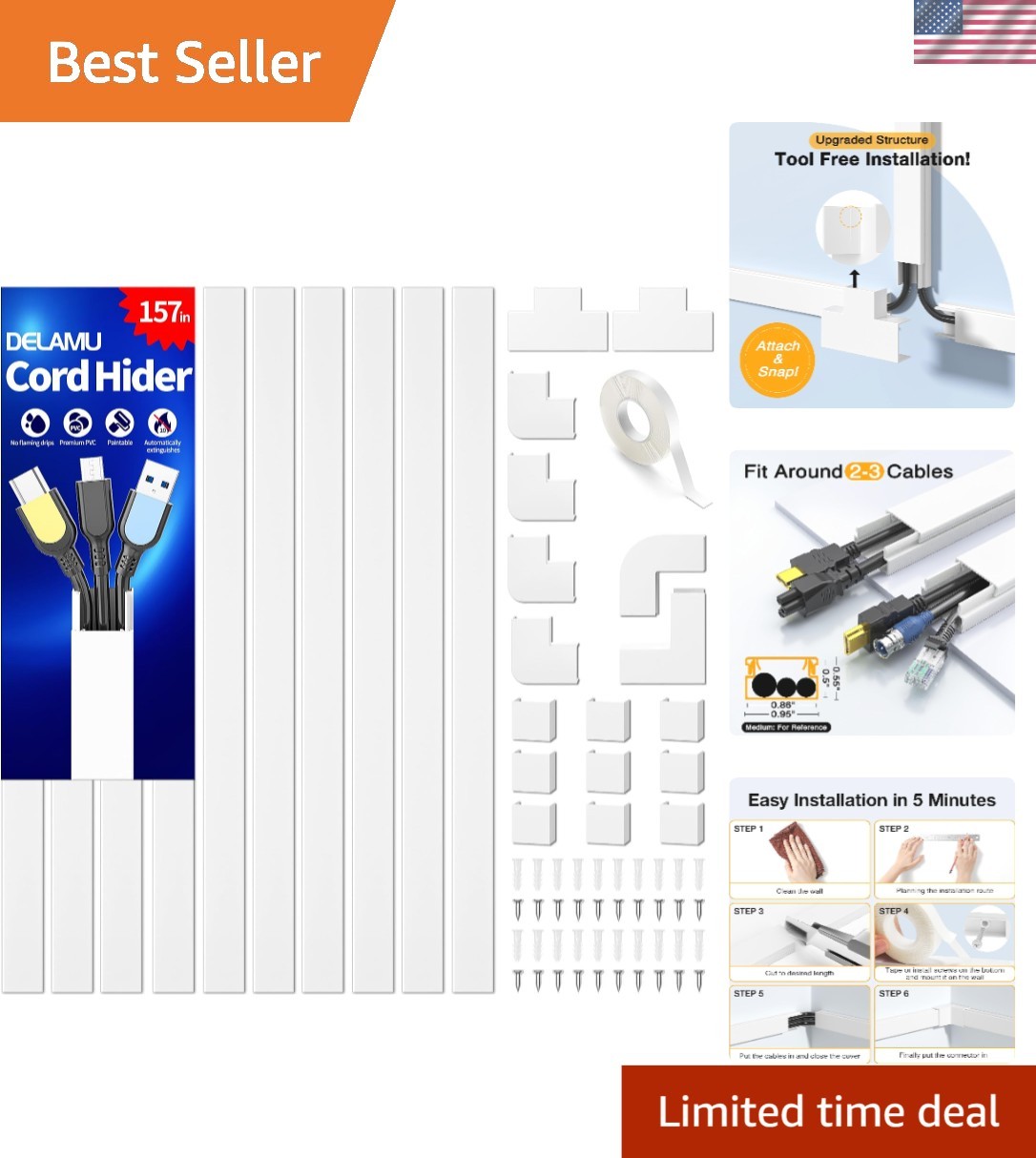 157in Easy Install Wall Cord Hider - Cuttable & Paintable, Safe for Kids & Pets