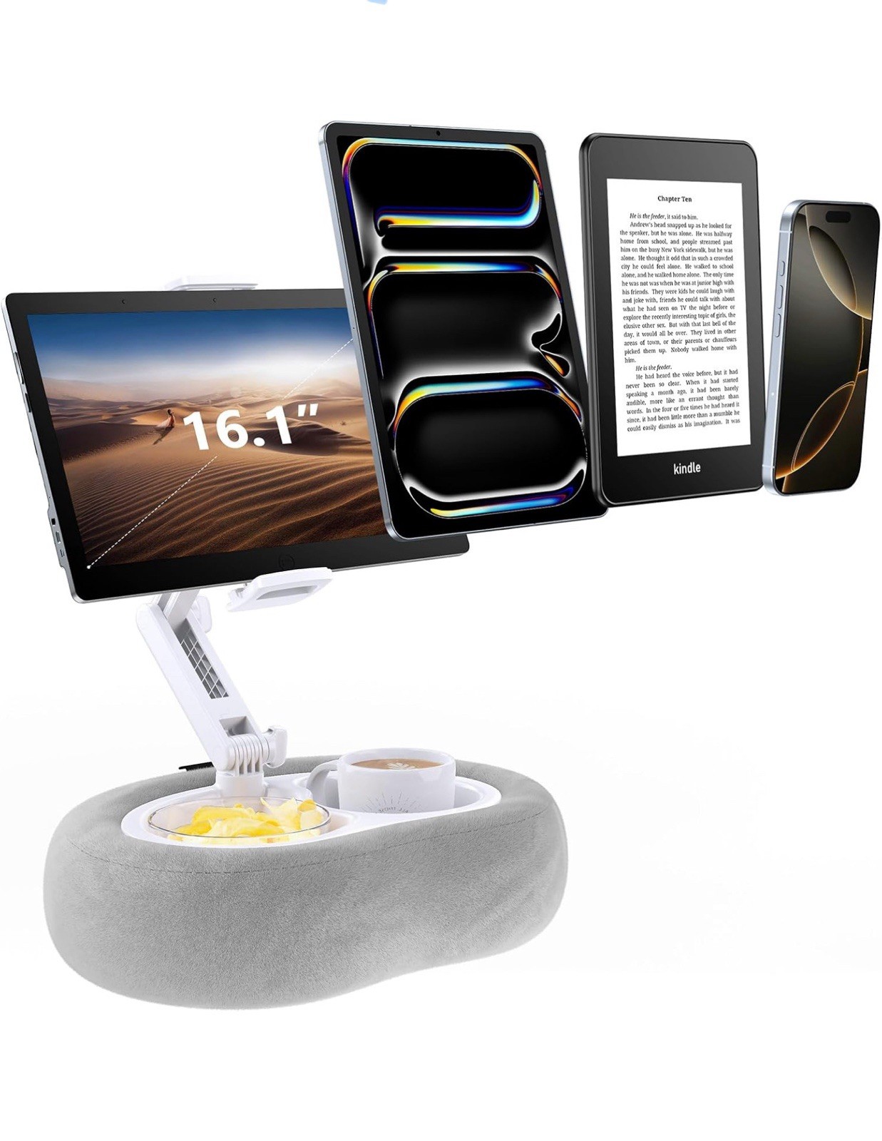 TRYONE TABLET & E-READER STAND With Soft Plush Pillow and Detable Tray, Adjstble