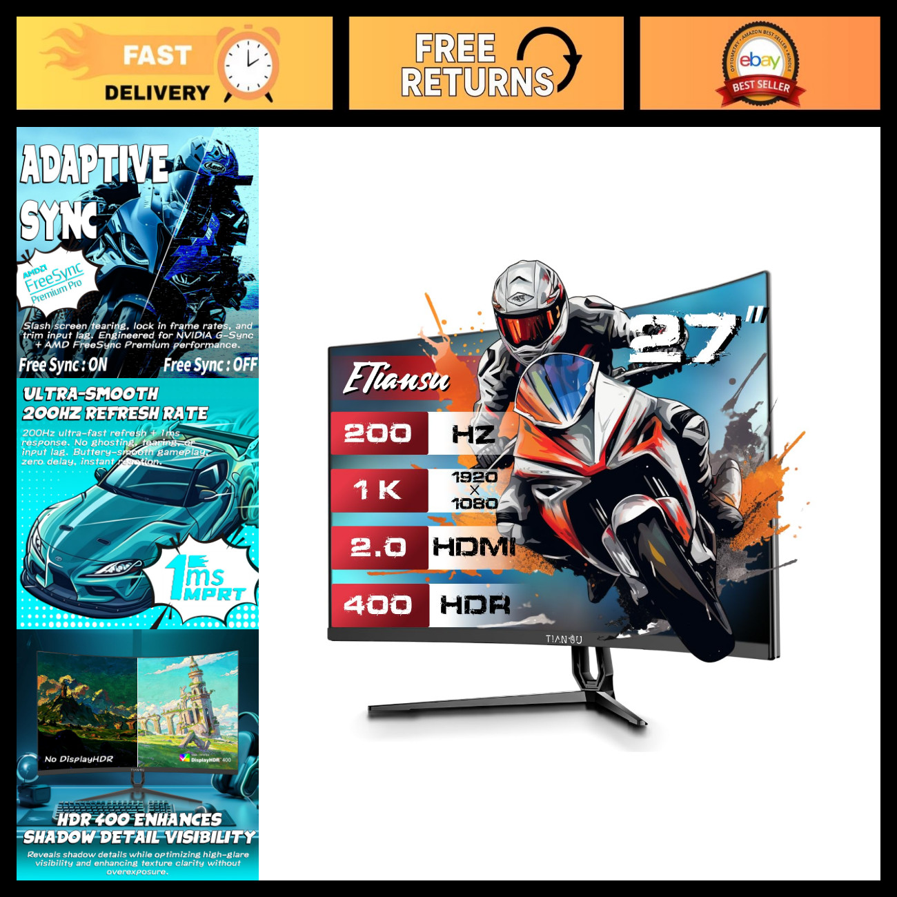 27" FHD Curved Gaming Monitor 200Hz, 1ms Response, FreeSync Premium, HDR400, 120