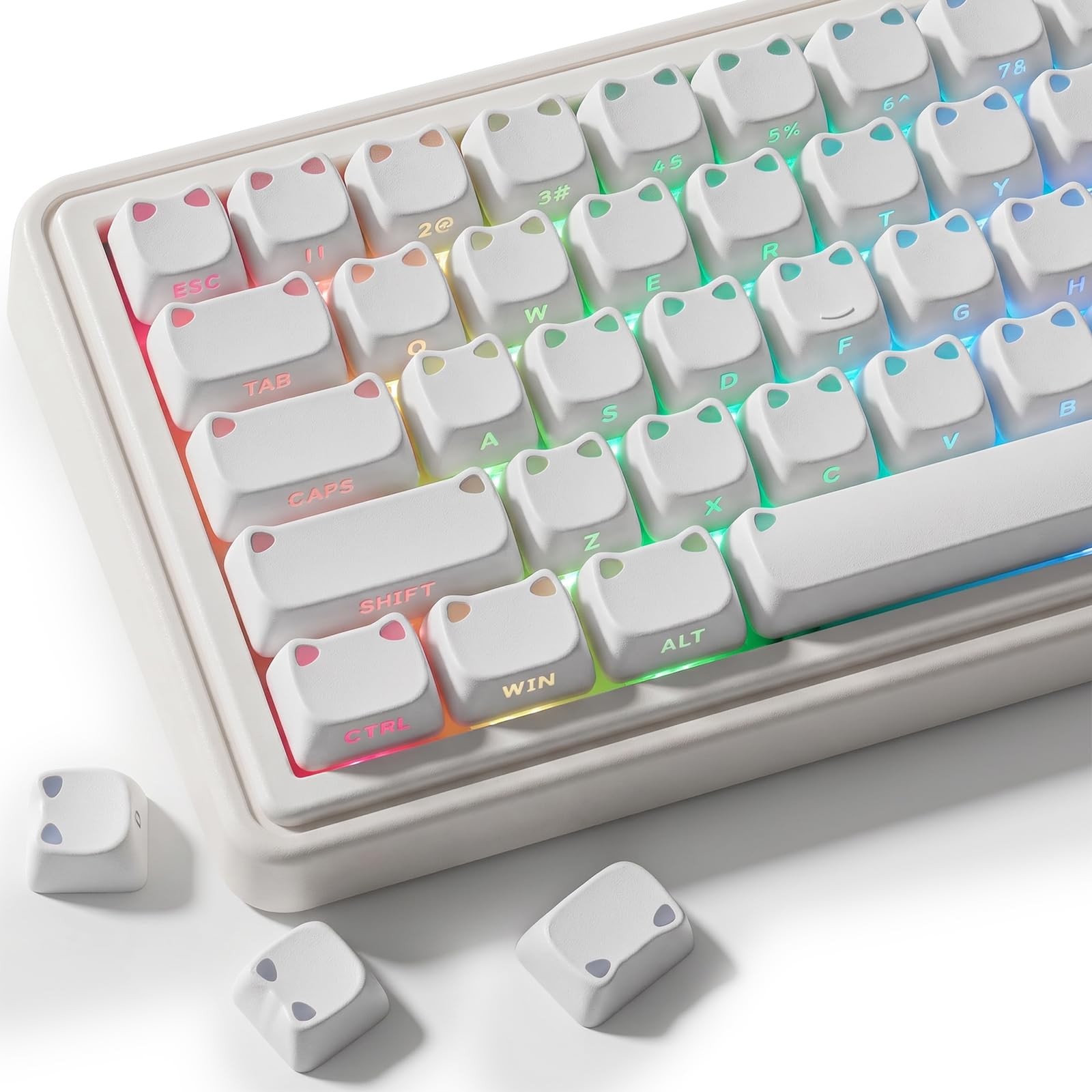 White Keycaps - Shine Through PBT Keycaps,113 Keys Side Print Cat Keycaps