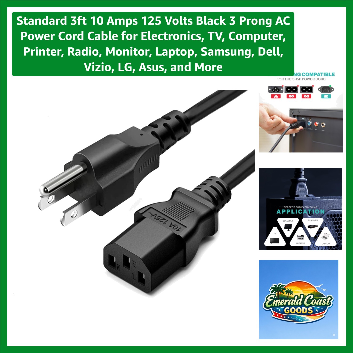 Versatile 3-Prong 3ft AC Power Cable - Ideal for PCs, TVs & Printers
