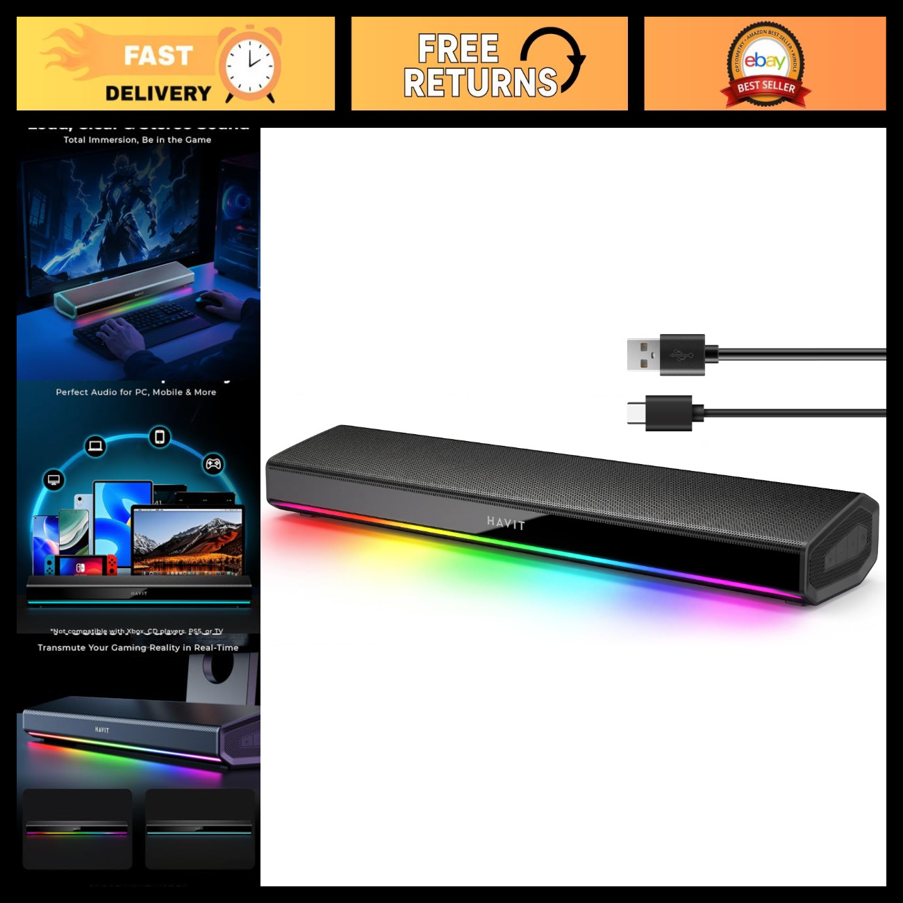 Bluetooth 5.3 Computer Speakers, HiFi Stereo Soundbar with LED Light, Portable G