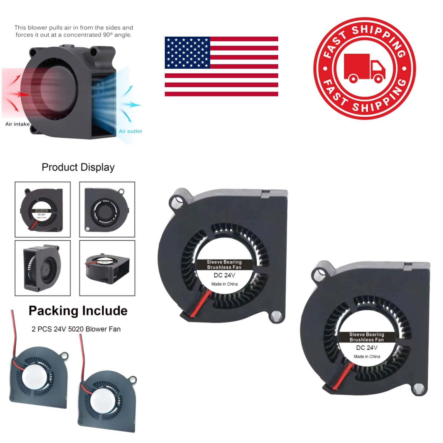 DC 24V 5020 Blower Fan Axial Cooling Fan for 3D Printer Accessories 2 Pack