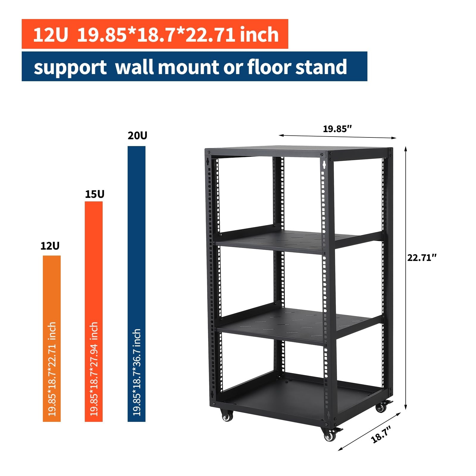 IT Equipment Rack Open Frame 12U 15U 20U Casters Shelves Included