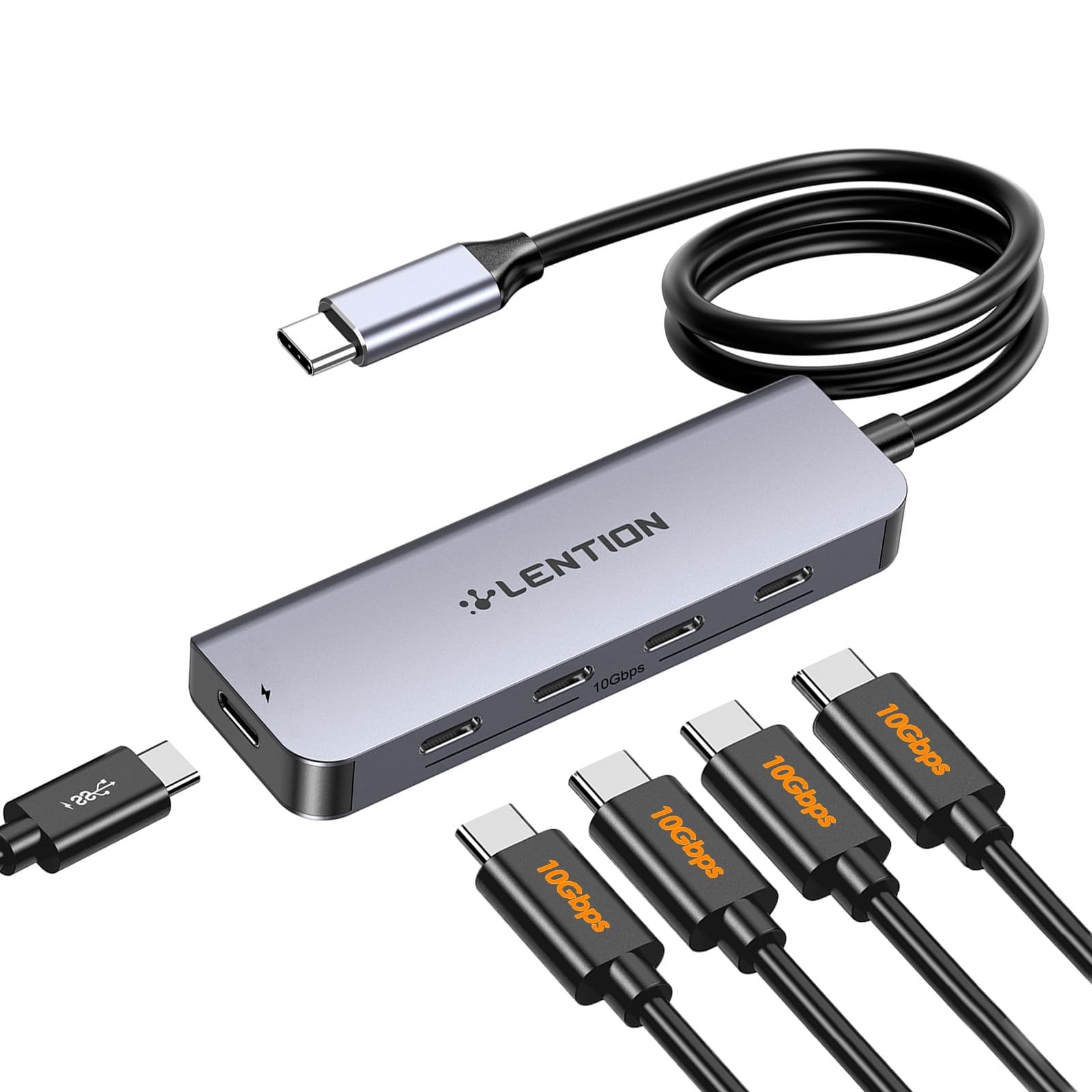 LENTION 5 in 1 USB C Hub 10Gbps, 2ft Long Cable, 4 USB-C 3.2 Gen Space Gray