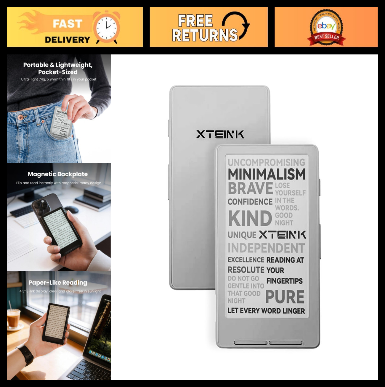 4.3" Pocket E-Book Reader - Ultra-Thin, 16GB Storage, Eye-Care E-Ink, MagSafe Ba