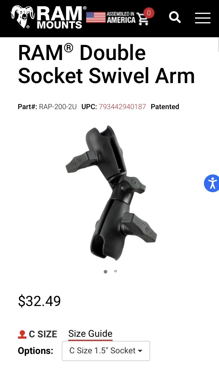 RAM Composite Double Socket Swivel Ratchet Arm for C Size 1.5" Balls RAP-200-2U