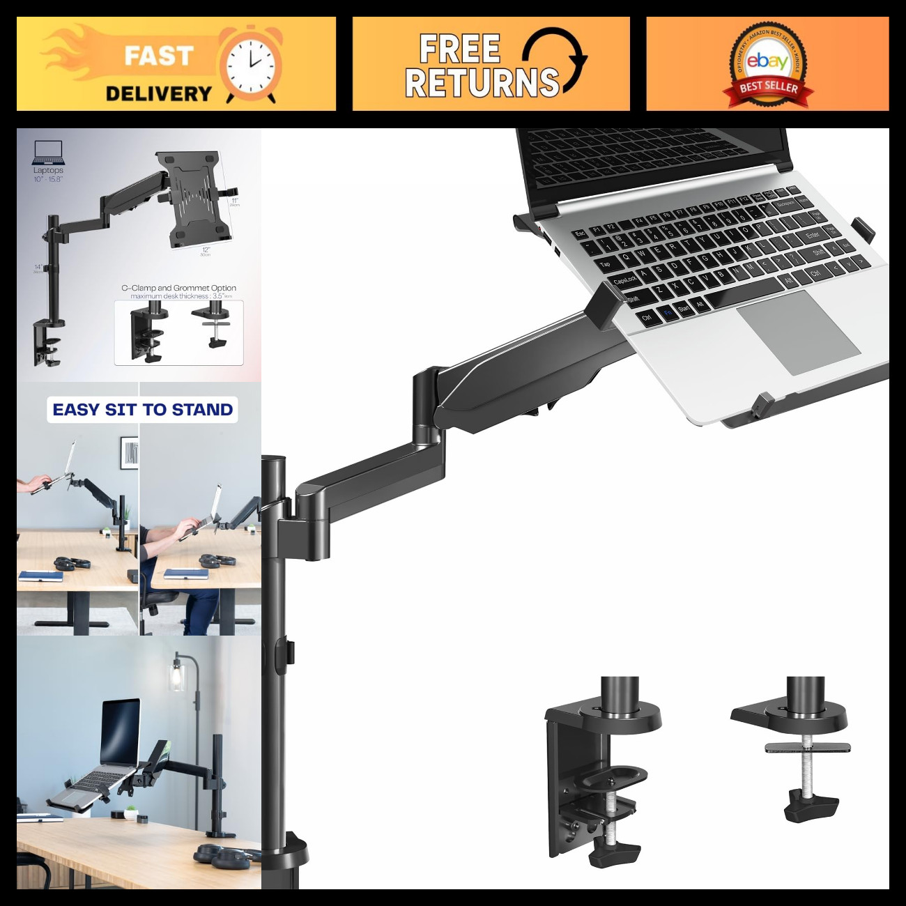 Adjustable Laptop Mount for Desk 10-15.6" - Single Arm VESA Stand, C-Clamp/Gromm