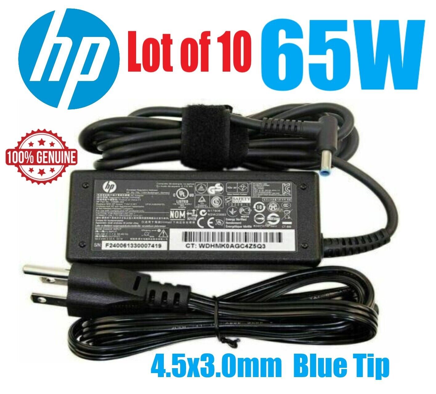LOT OF 10 Genuine HP 65W 19.5V 3.34A Laptop AC Adapter Power Charger Blue Tip
