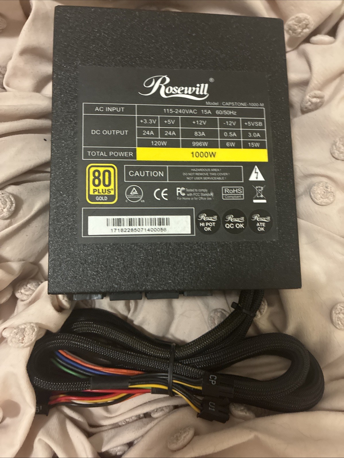 ROSEWILL LIGHTNING-1000 1000W 80 PLUS Gold Fully Modular ATX Power Supply;Tested