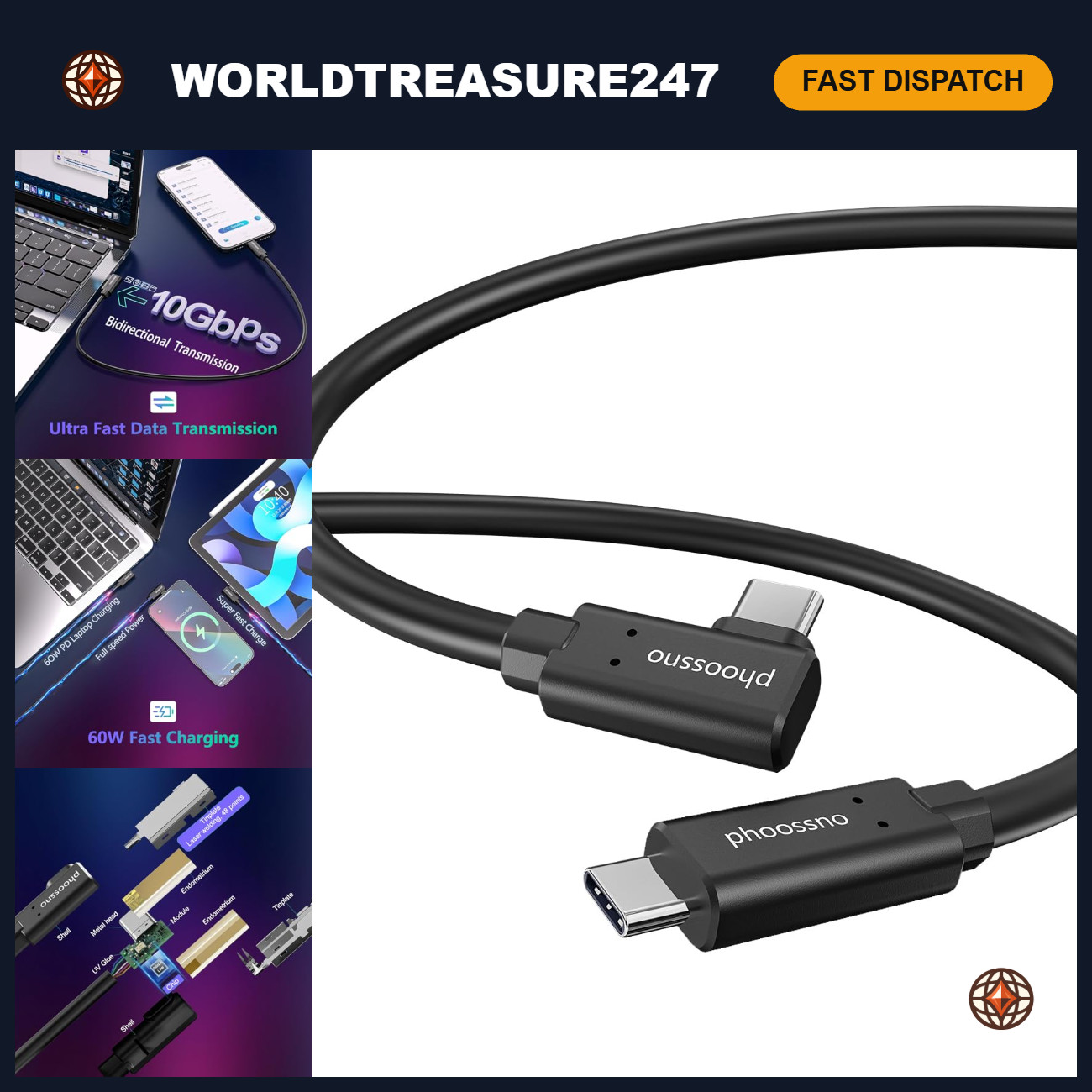 25ft USB C Fiber Optic Cable, 10Gbps Data Transfer & 60W Fast Charging, Compatib