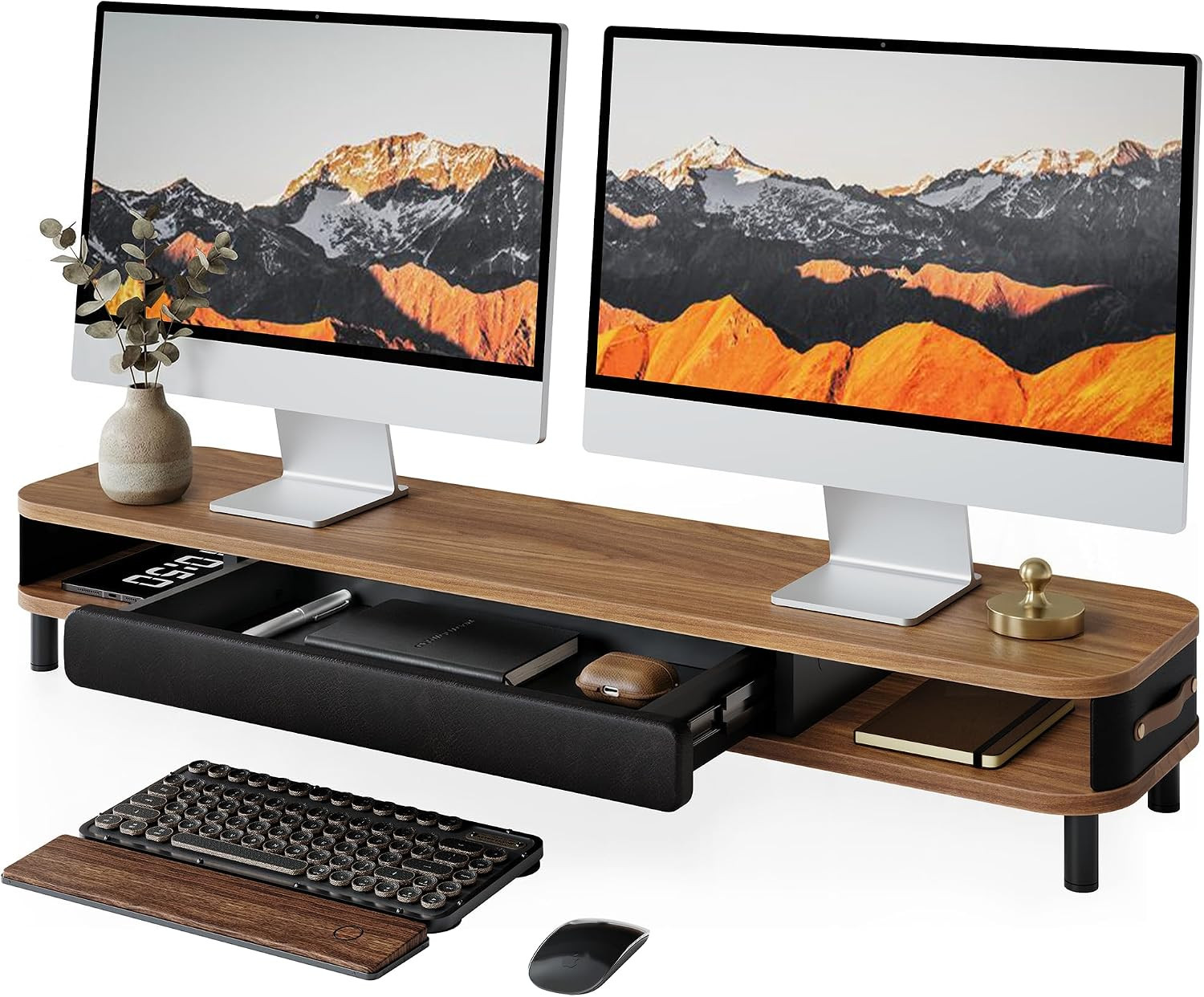 Fenge Dual Monitor Stand with Large Storage Drawer, 42.5" Desk Shelf, Brown