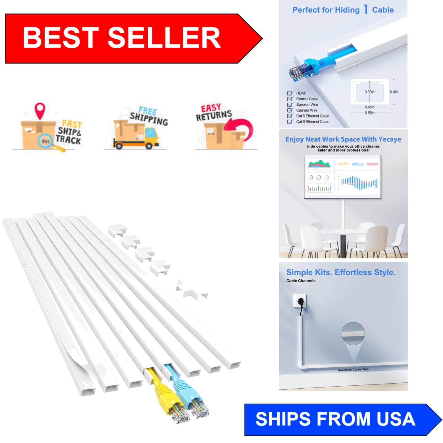 8-Piece Cable Management Kit - 113 Inch White Cord Covers for Stylish Homes