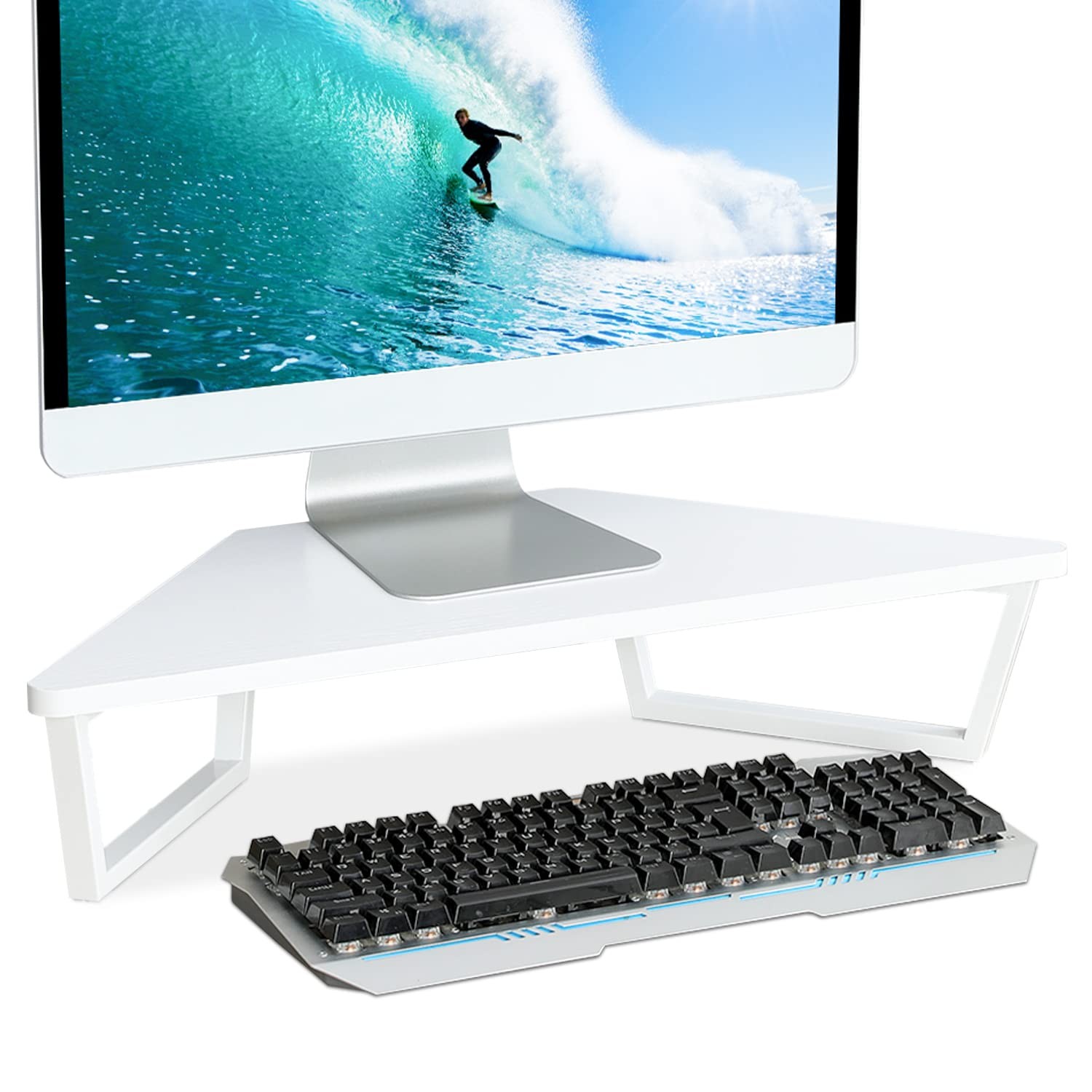 26 Inch Triangle Corner Monitor Stand Riser Wood Desktop Shelf White