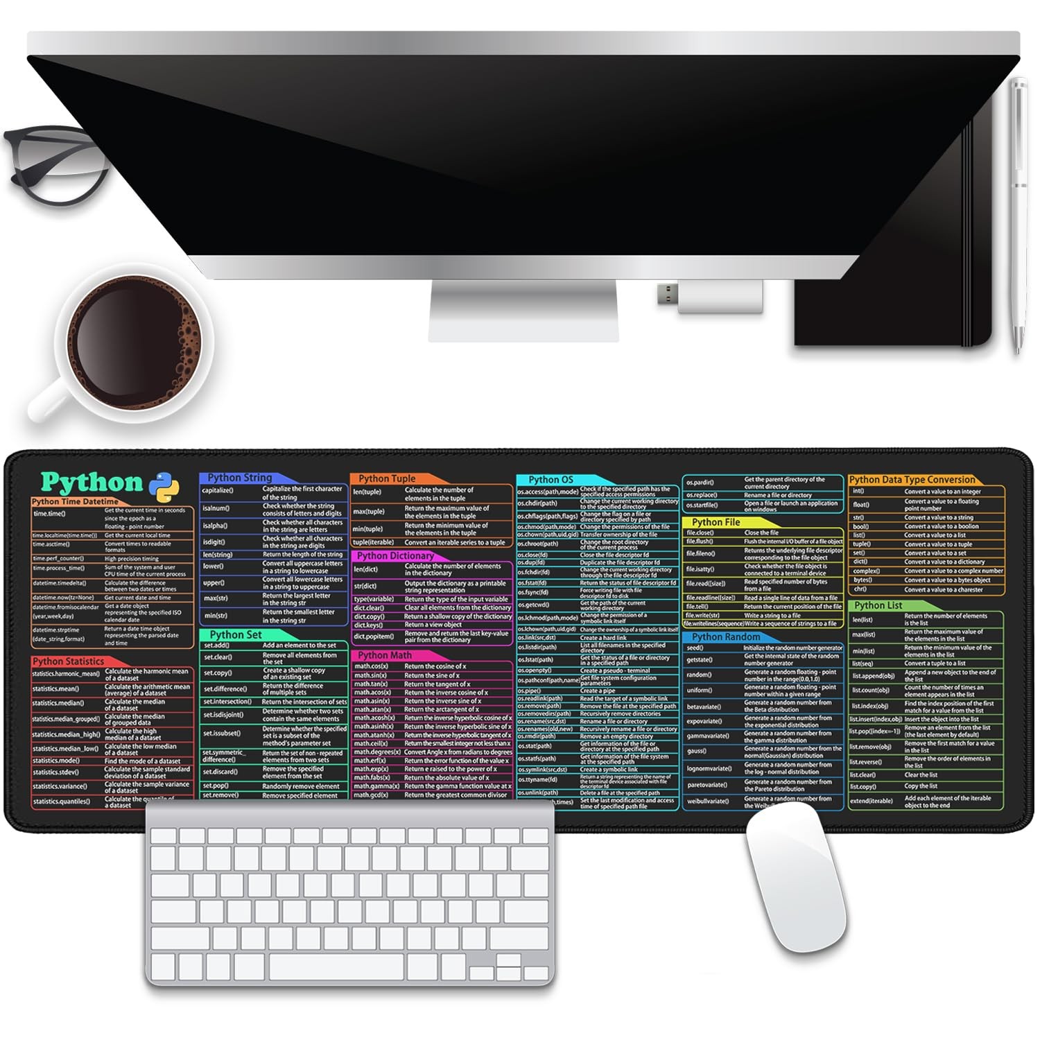 Python Commands Shortcuts Mouse Pad Desk Pad,XL Cheat Sheet Mousepad for PC O...