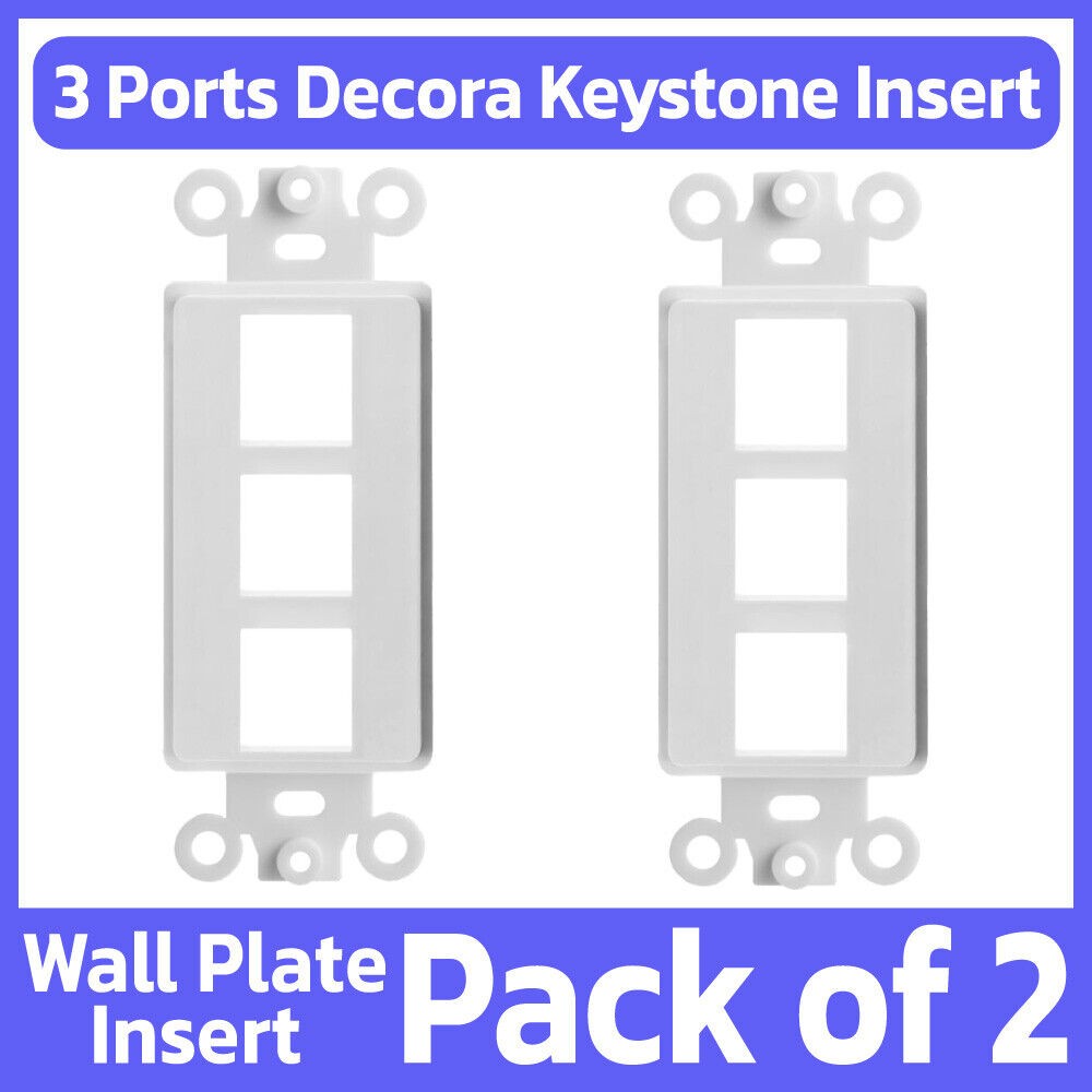 2 Pack Keystone Wall Plate Insert Three Port 3 Hole Jack fits Decora Wallplate