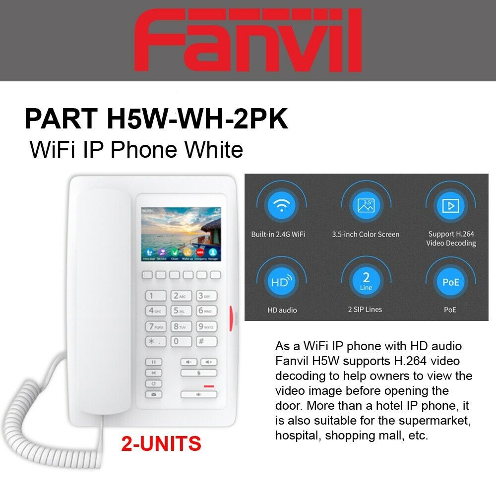 Fanvil H5W White 2-UNITS WiFi IP Phone White VoIP phone 3.5 color screen 2 SIP 