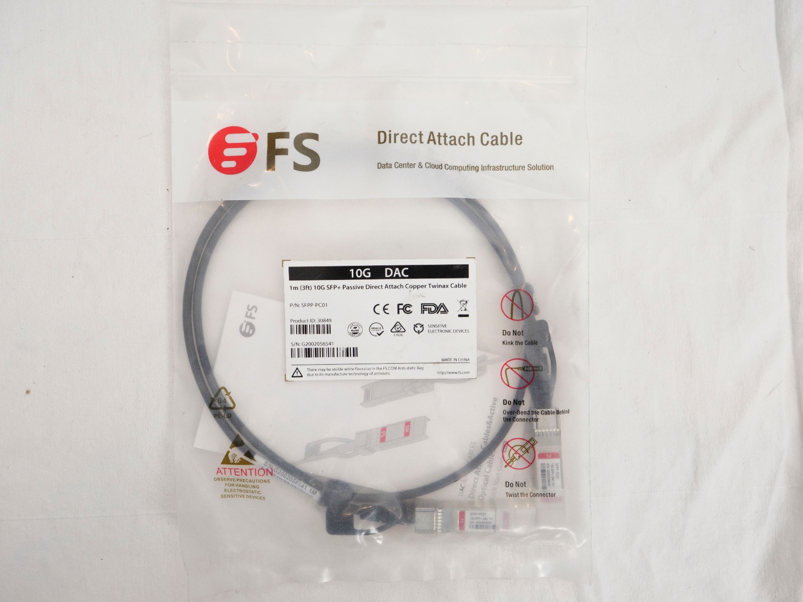 FS SFPP-PC01 1M (3ft) 10G SFP+ Passive Direct Attach Copper Twinax Cable DAC