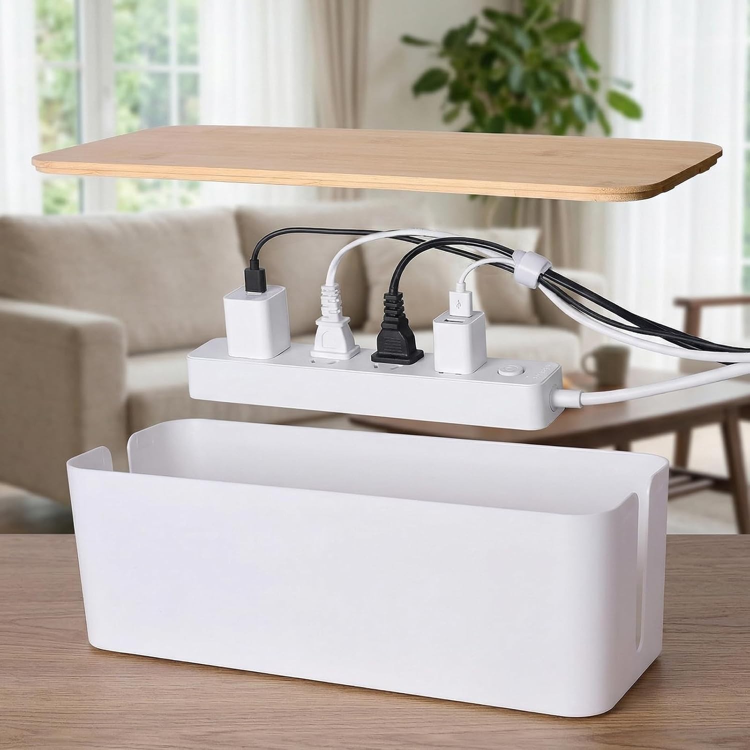 2 Pack Cable Management Box, Wooden Style Cord Organizer Box