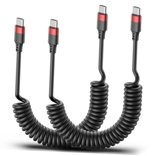 Coiled USB C to USB C Cable, 2 Pack Retractable Black USB Type C to USB Type C