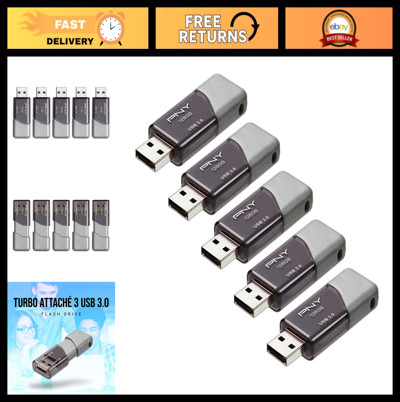128GB USB 3.0 Flash Drive 5-Pack - High-Speed Data Transfer, Lightweight & Durab