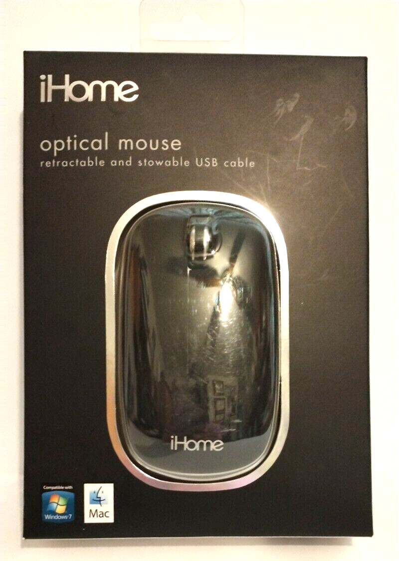 iHome New Wired Optical Retractable Adjustable Cable Black USB Mouse