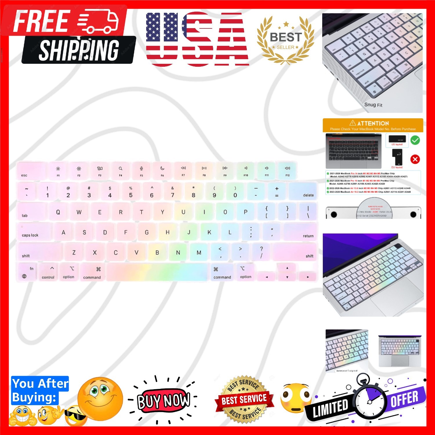 Keyboard Cover for 2026-2023 MacBook Air 15/13.6, Pro 14/16 inch | Ultra Thin...