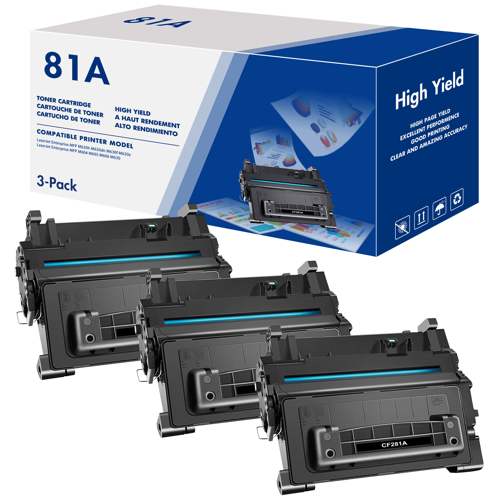 3PK CF281A Toner Cartridge for HP LaserJet Enterprise M605N M605DN M605X M606