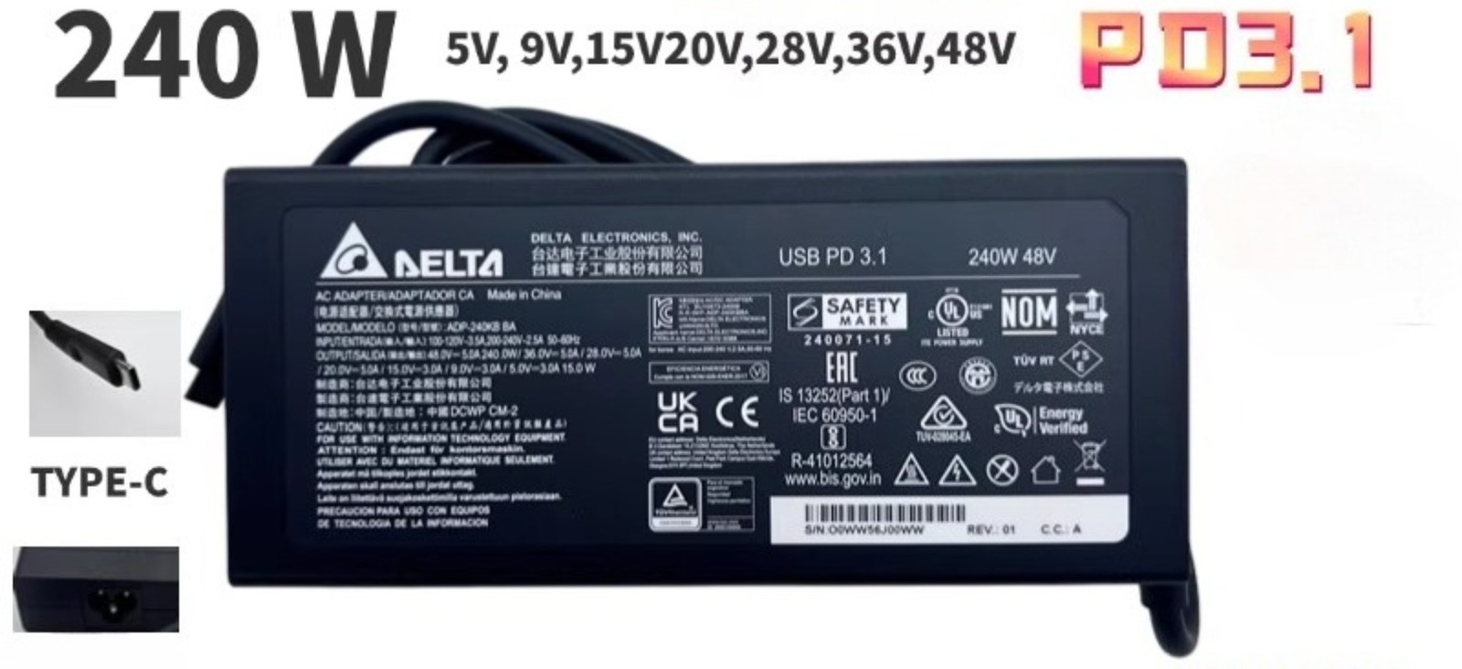 Genuine Delta 240W 48V USB-C Type C GaN Adapter PD3.1 Fast Chager Power Supply