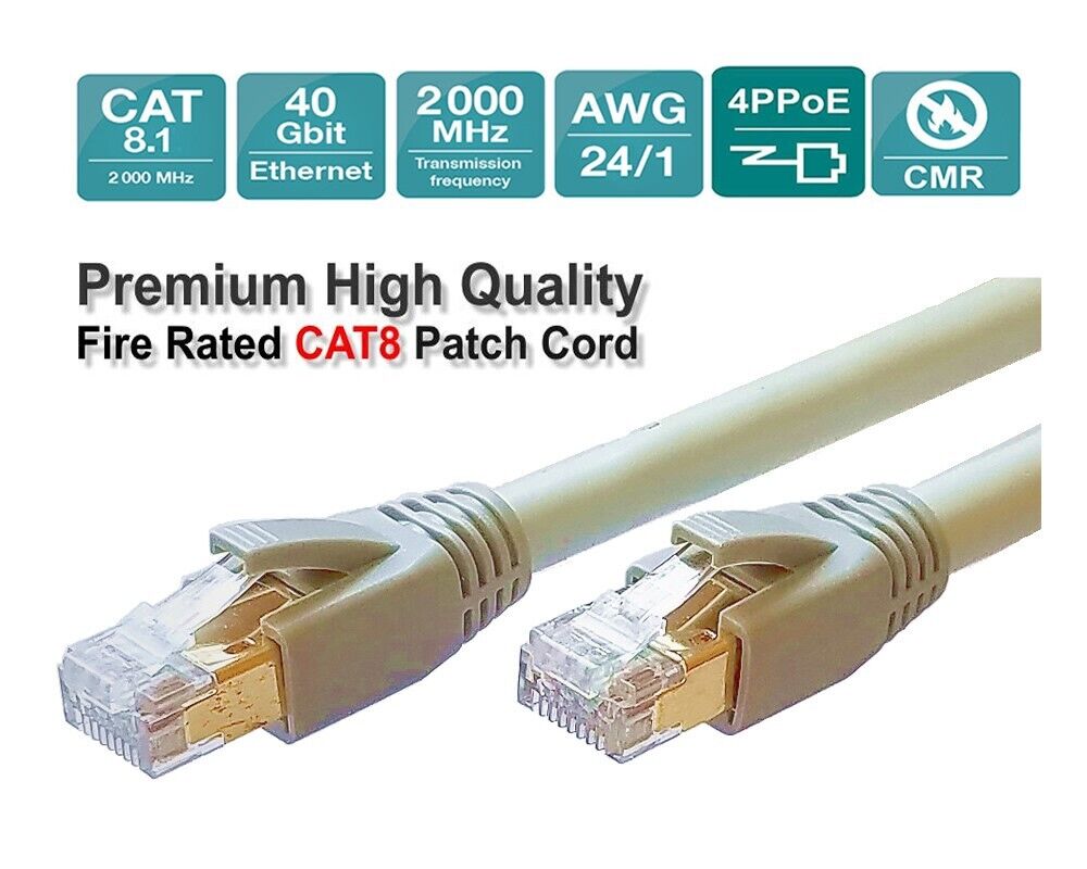 Sunnytech CAT8 CMR AWG24, 2000MHz 40Gbps PoE++, Fire Rated Patch Cord, Grey,33ft