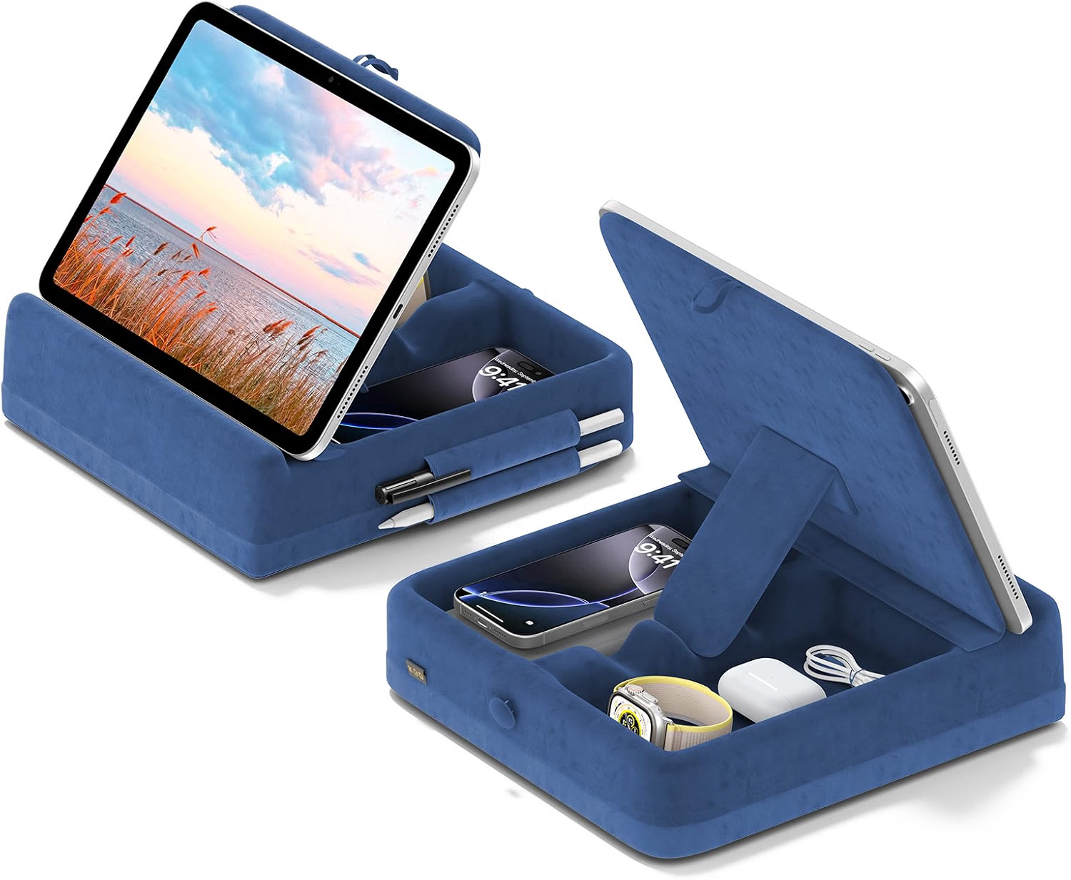 KDD Tablet Pillow Stand with Storage, Foldable iPad Holder for Lap, Dark Blue 