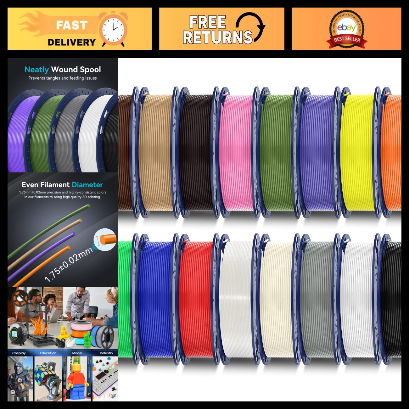 Multicolor 3D Printer Filament Bundle, 16 Colors, PLA+, 1.75mm, High Quality