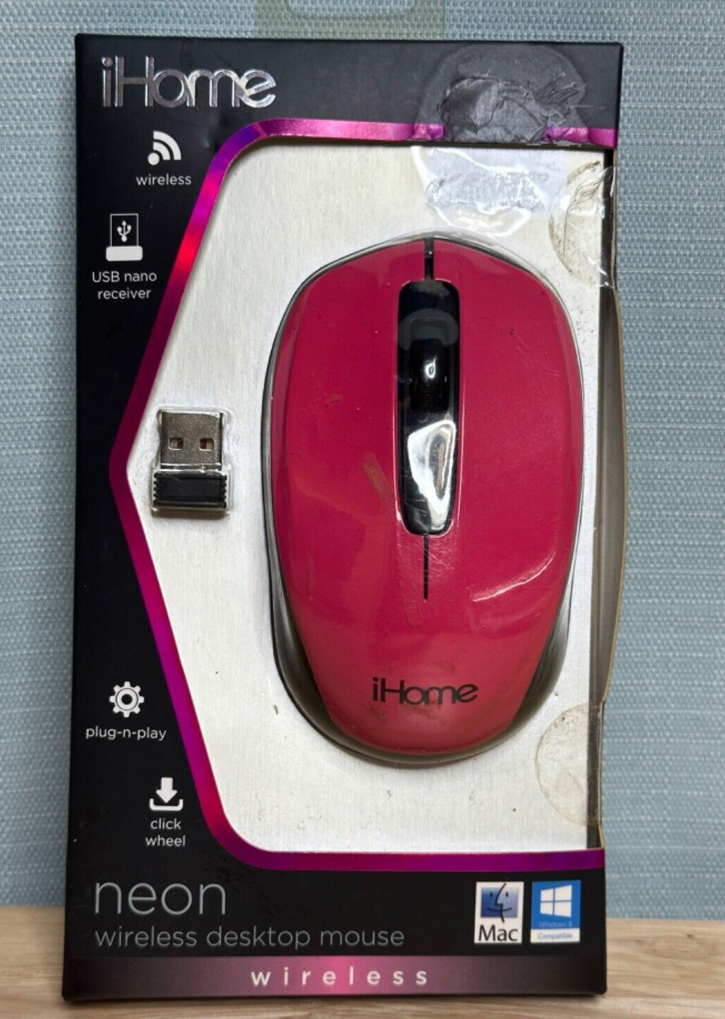 New Home Wireless Desktop Mouse Neon Pink Plug N Play USB Click Wheel Mac PC