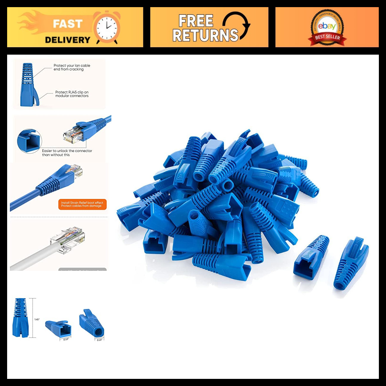 100-Pack CAT6 RJ45 Ethernet Network Cable, Strain Relief Boot, High-Speed Connec