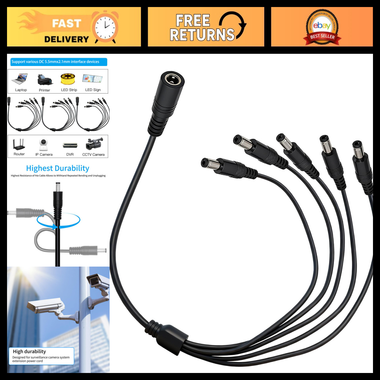 5.5x2.1mm DC Power Splitter Cable 3-Pack, 1 to 5 Way, 2.3FT Length, Versatile Us