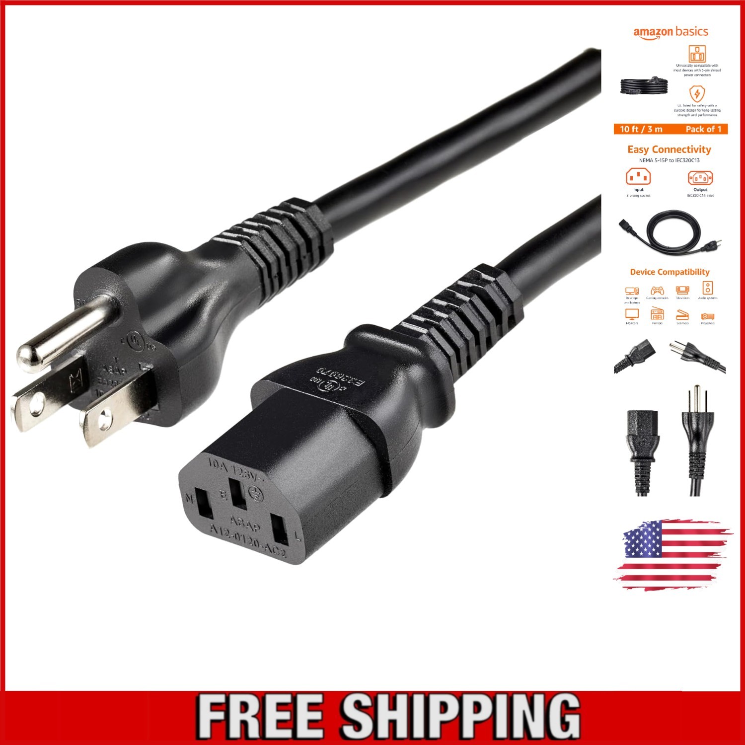 Universal 10-Foot Replacement Power Cord - Safe and Versatile for Electronics