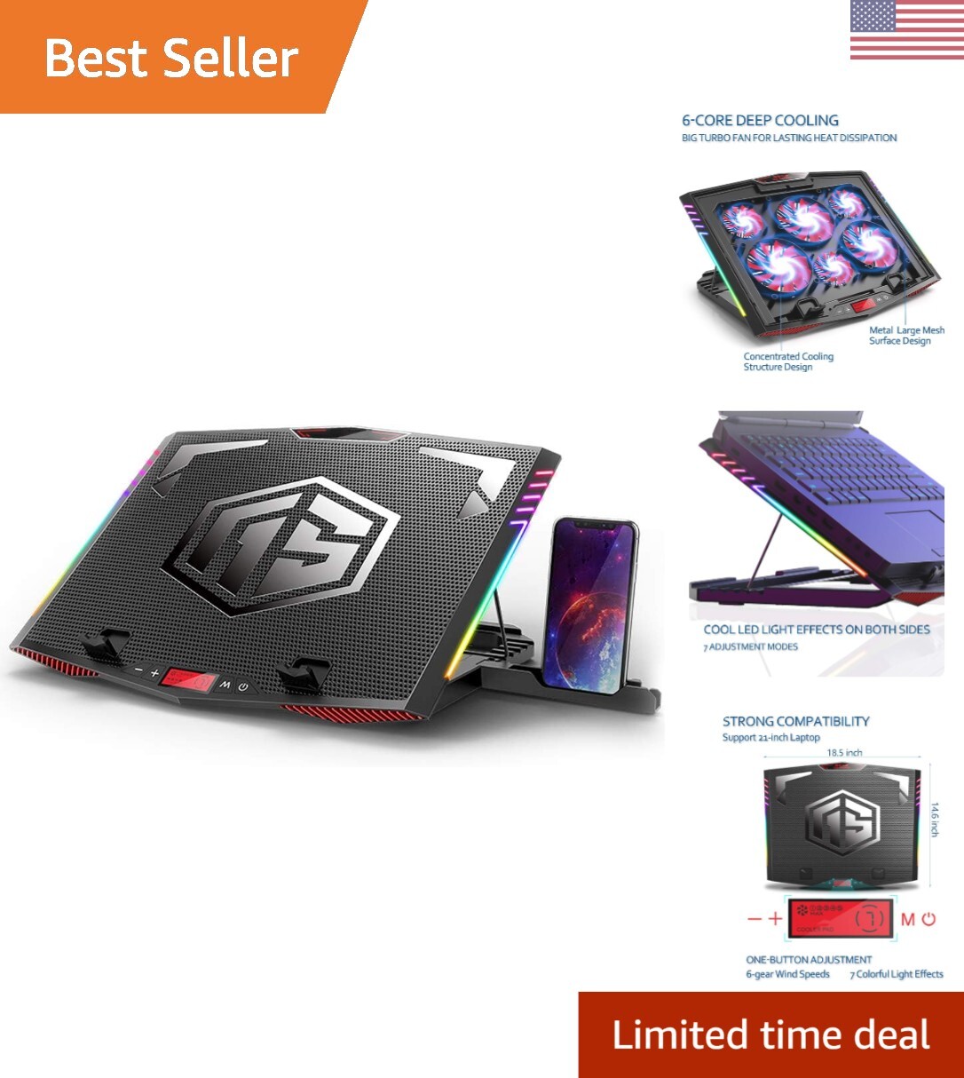 Laptop Cooling Pad for 15.6-21 Inch Professional Gaming Laptop Cooler with 6 ...
