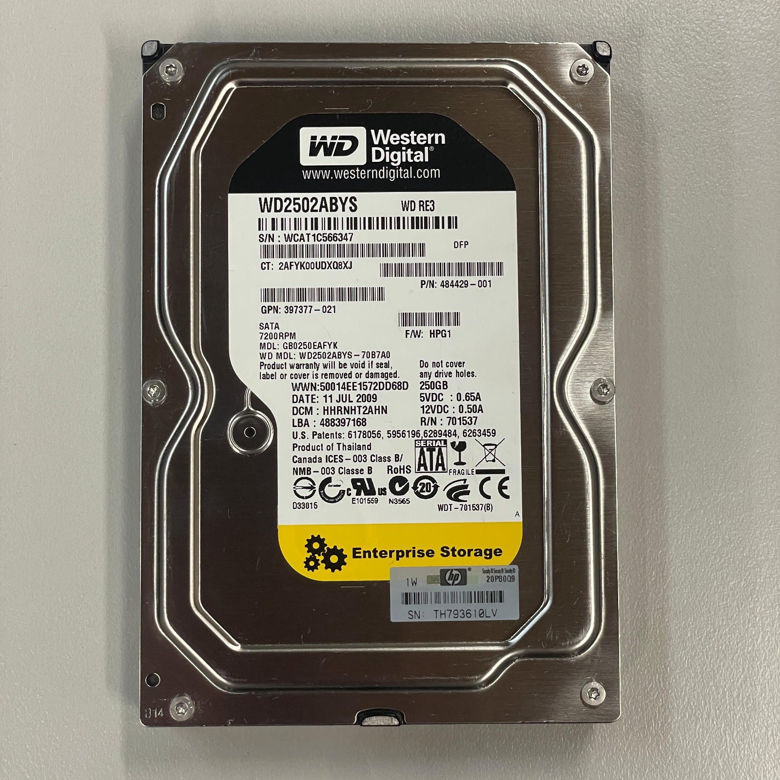 WD RE3 250GB 3.5" SATA 3Gbps 7200RPM 16MB Cache Enterprise HDD WD2502ABYS