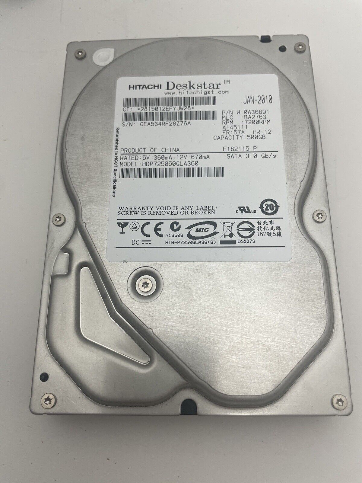 HITACHI Deskstar 500GB Internal Desktop Hard Drive (P/N:0A35415) SATA